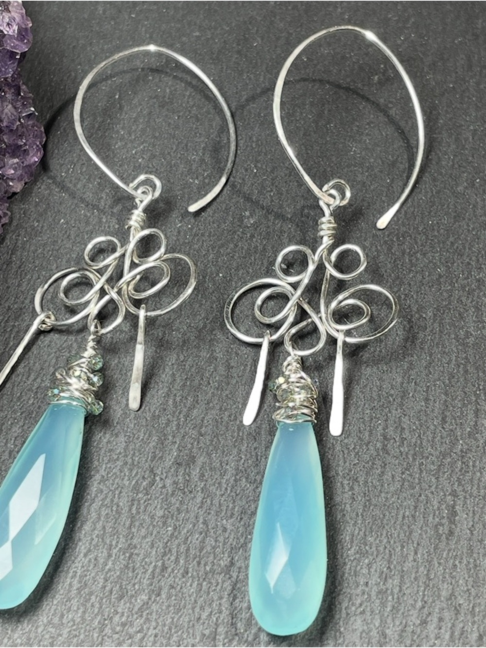 Artisan Sterling Silver Earrings with Soft Blue Chalcedony Drops - Picture 3 of 7